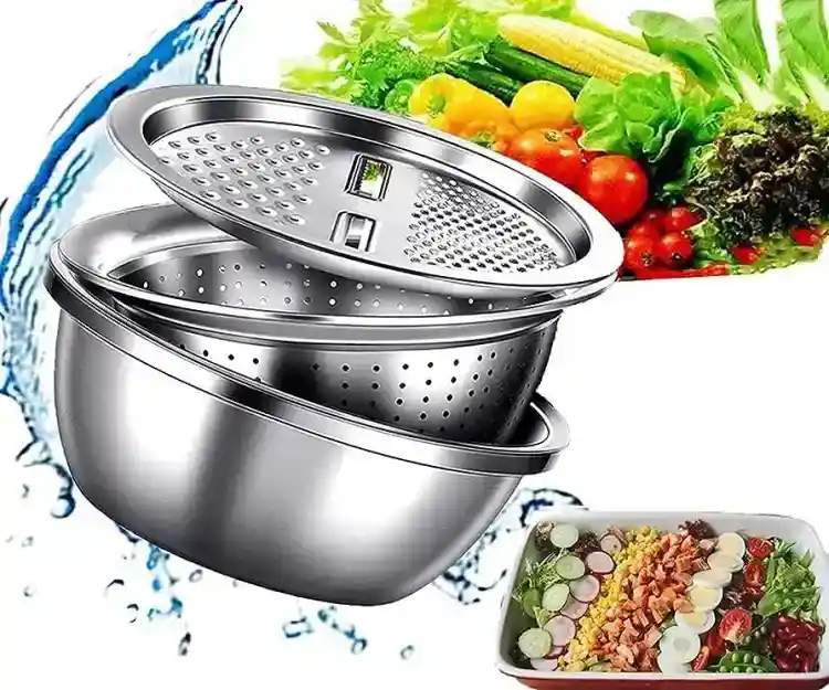 3 In 1 Multifunctional Stainless Steel Basin With Vegetable Cutter + Drain Basket