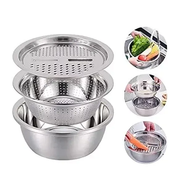 3 In 1 Multifunctional Stainless Steel Basin With Vegetable Cutter + Drain Basket