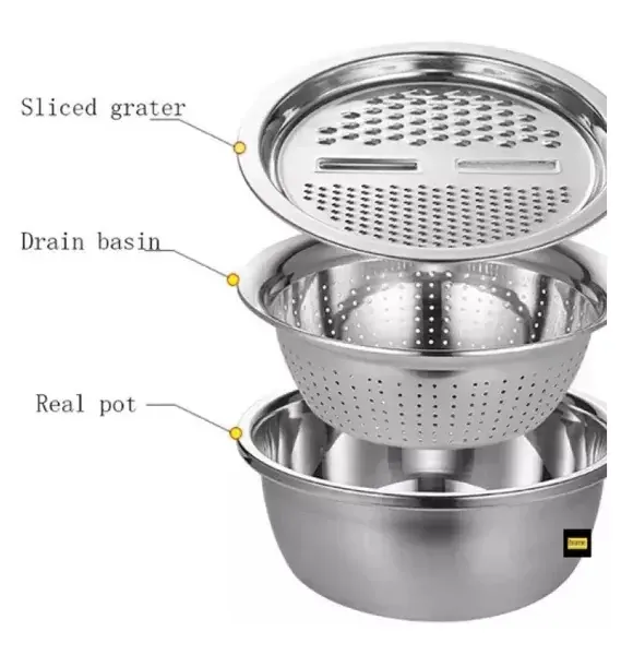 3 In 1 Multifunctional Stainless Steel Basin With Vegetable Cutter + Drain Basket